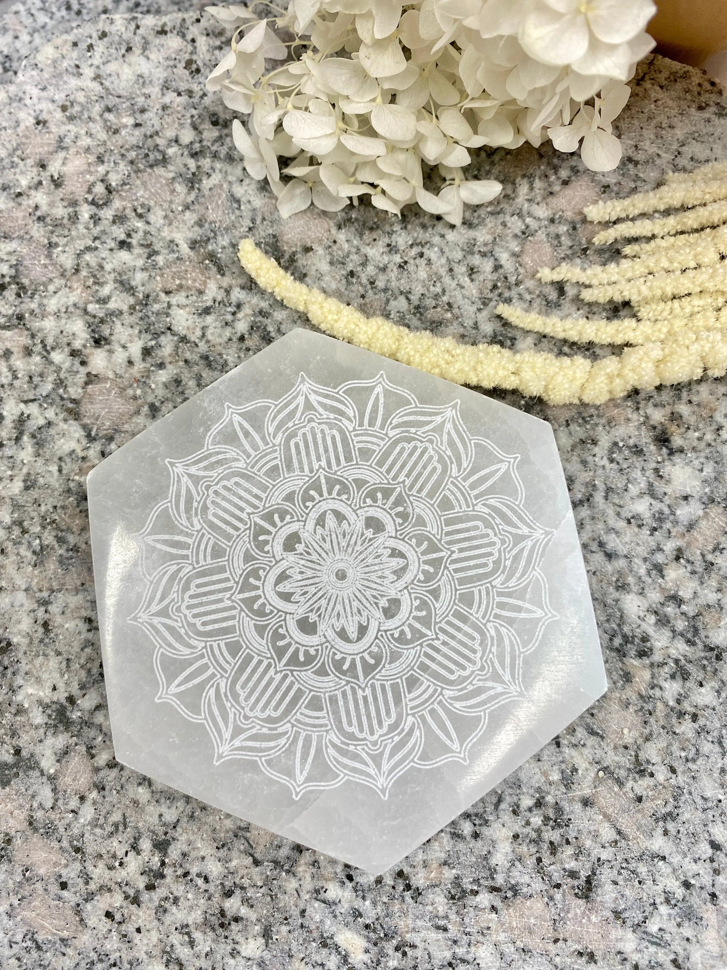 Selenite Charging Slab with Mandala carving Anima Collective